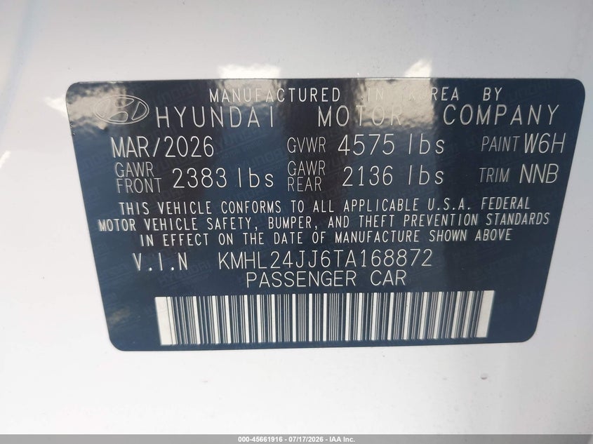 2026 Hyundai Sonata VIN KMHL24JJ6TA168872 IAAI salvage auction — REAR END, Enterprise Vehicles Clear Only (Alabama), sold $11,500 on 2026-07-22 (photo 9)