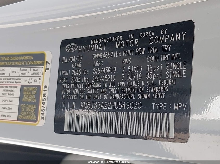 2017 Hyundai Tucson VIN KM8J33A22HU549020 IAAI salvage auction — NORMAL WEAR, Original (Texas), sold $3,100 on 2026-07-28 (photo 9)