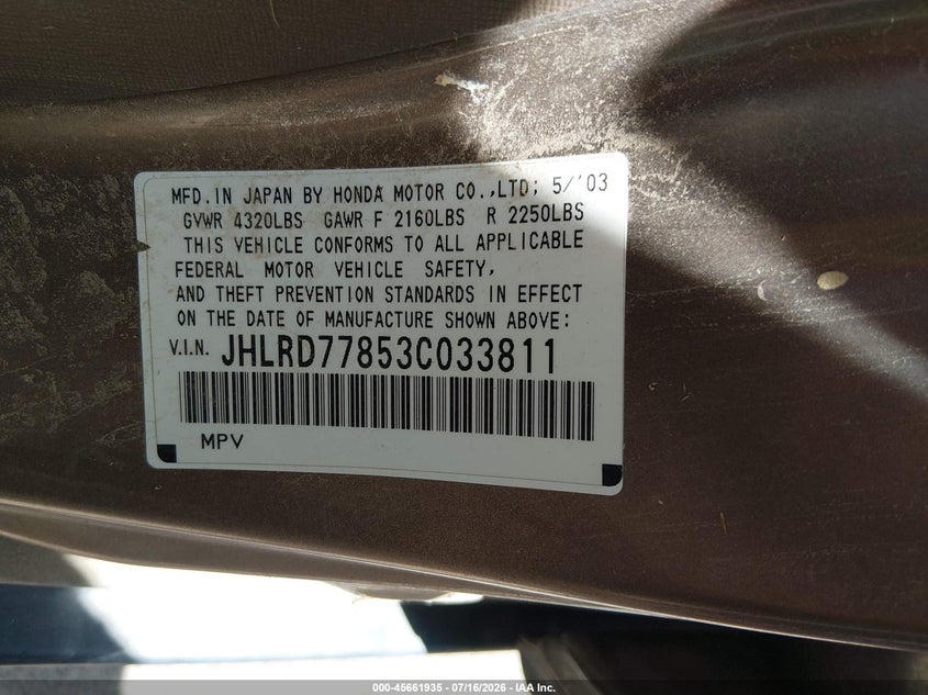 2003 Honda Cr-v VIN JHLRD77853C033811 IAAI salvage auction — NORMAL WEAR, Clear (Idaho), sold $875 on 2026-07-31 (photo 9)