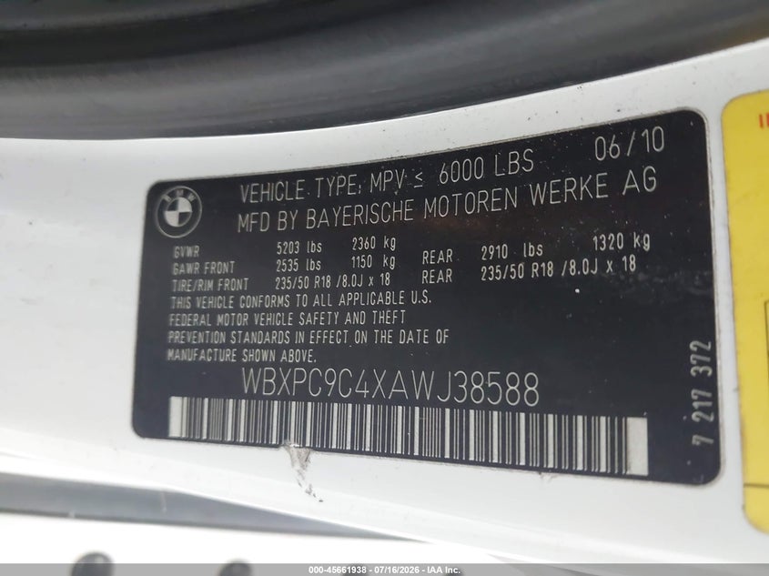 2010 BMW X3 VIN WBXPC9C4XAWJ38588 IAAI salvage auction — LEFT FRONT, Clear (Florida), sold $500 on 2026-07-22 (photo 9)