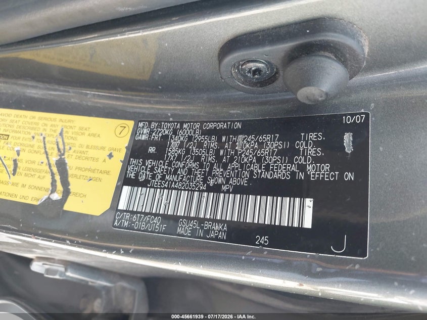 2008 Toyota Highlander VIN JTEES41A482035294 IAAI salvage auction — RIGHT REAR, Regular Certificate (Iowa), sold $1,250 on 2026-07-28 (photo 9)