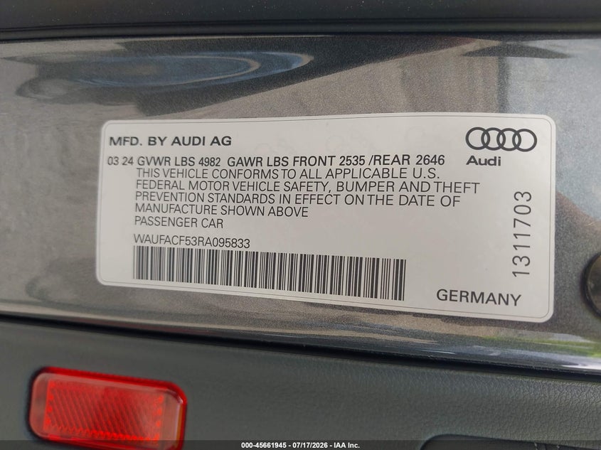2024 Audi A5 VIN WAUFACF53RA095833 IAAI salvage auction — HAIL, Salvage Title, sold $19,500 on 2026-07-23 (photo 9)