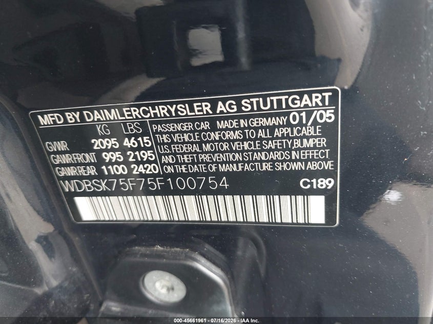 2005 Mercedes-benz Sl-class VIN WDBSK75F75F100754 IAAI salvage auction — NORMAL WEAR, Clear (Utah), sold $500 on 2026-07-30 (photo 9)