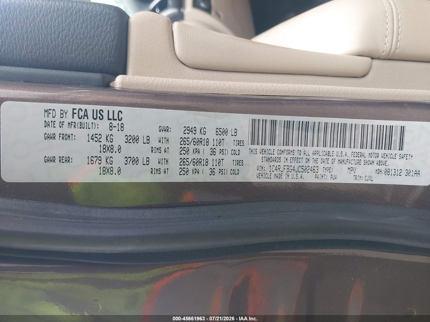 2018 Jeep Grand cherokee VIN 1C4RJFBG4JC502463 IAAI salvage auction — FRONT END, Salvage Title, sold $8,200 on 2026-08-22 (photo 9)
