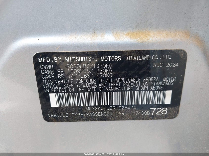 2024 Mitsubishi Mirage VIN ML32AUHJ9RH025474 IAAI salvage auction — RIGHT FRONT, Enterprise Vehicles Clear Only (Illinois), sold $7,375 on 2026-07-22 (photo 9)