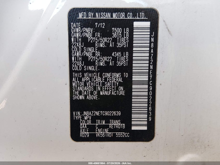 2012 Infiniti Qx56 VIN JN8AZ2NE7C9022639 IAAI salvage auction — SIDE, Wait Title, sold $2,000 on 2026-08-03 (photo 9)