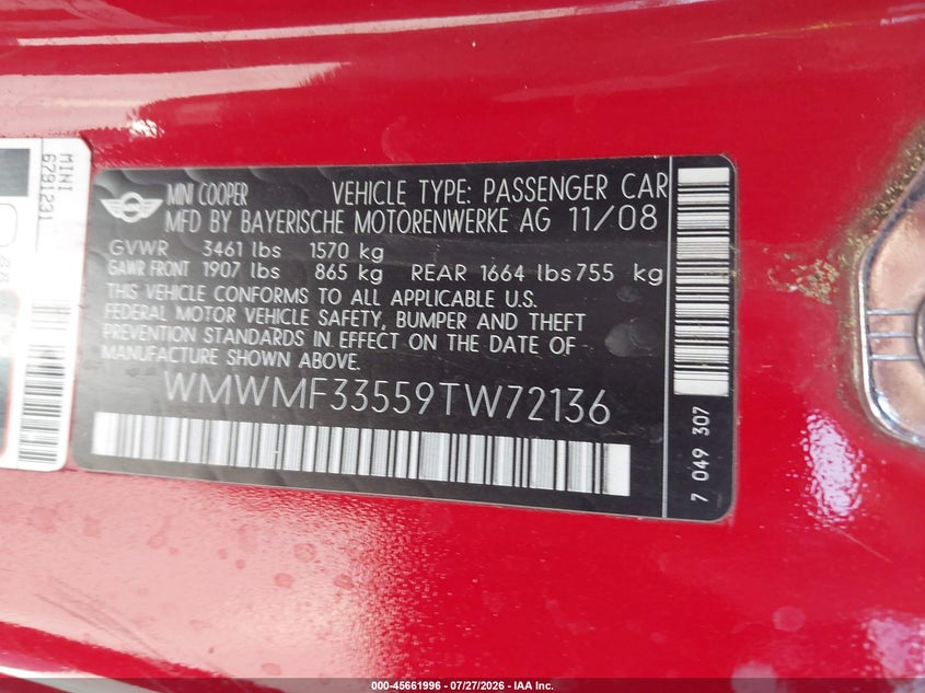 2009 Mini Cooper VIN WMWMF33559TW72136 IAAI salvage auction — NORMAL WEAR, App For Dup Clear (California), sold $100 on 2026-08-03 (photo 9)