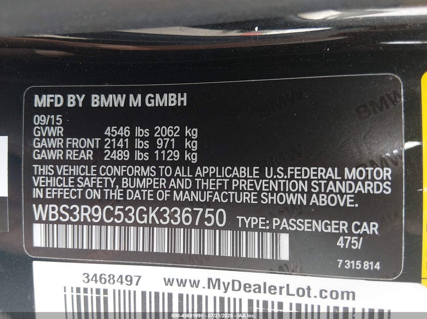 2016 BMW M4 VIN WBS3R9C53GK336750 IAAI salvage auction — RIGHT FRONT, Salvage - Greater Than 75% (Maryland), sold $16,400 on 2026-08-03 (photo 9)