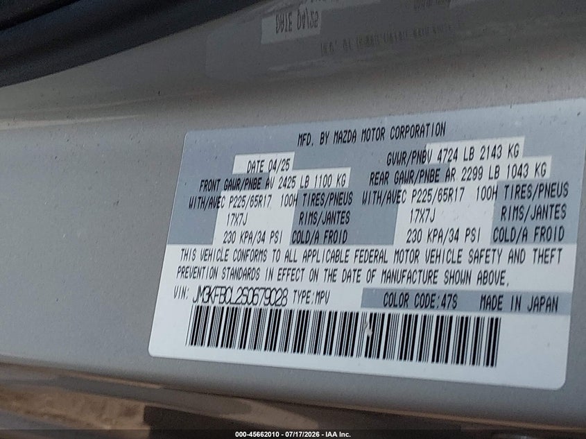 2025 Mazda Cx-5 VIN JM3KFBCL2S0679028 IAAI salvage auction — FRONT END, Enterprise Vehicles Clear Only (Texas), sold $17,400 on 2026-07-22 (photo 9)