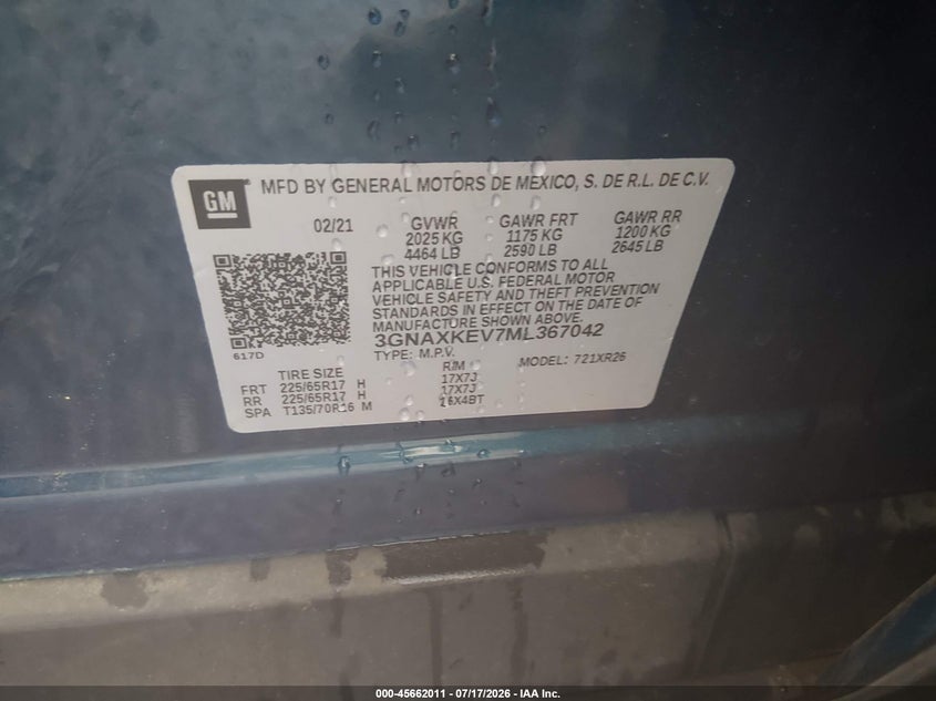 2021 Chevrolet Equinox VIN 3GNAXKEV7ML367042 IAAI salvage auction — FRONT END, Salvage Title, sold $4,200 on 2026-08-27 (photo 9)