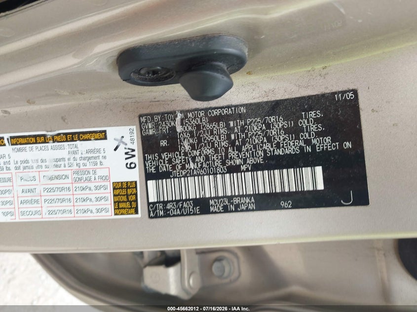 2006 Toyota Highlander VIN JTEDP21A960101803 IAAI salvage auction — NORMAL WEAR, Clear (Missouri), sold $125 on 2026-07-29 (photo 9)
