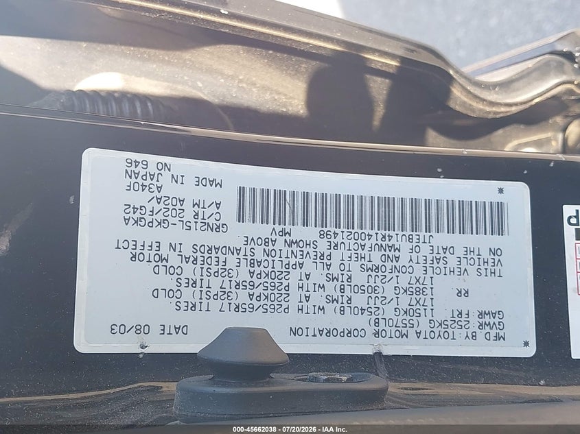 2004 Toyota 4runner VIN JTEBU14R140021498 IAAI salvage auction — NORMAL WEAR, Regular Certificate (Iowa), sold $775 on 2026-07-28 (photo 9)