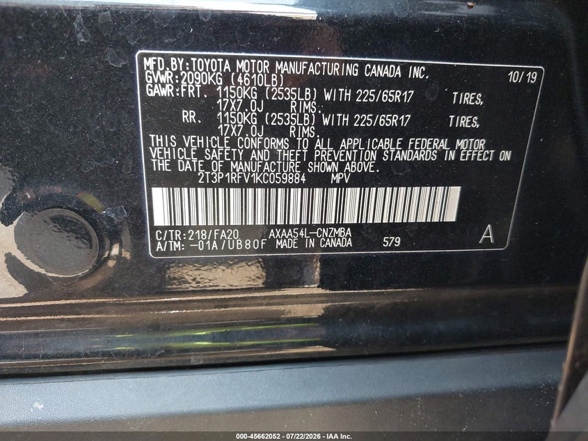 2019 Toyota Rav 4 VIN 2T3P1RFV1KC059884 IAAI salvage auction — FRONT END, Wait Title, sold $7,750 on 2026-09-08 (photo 9)