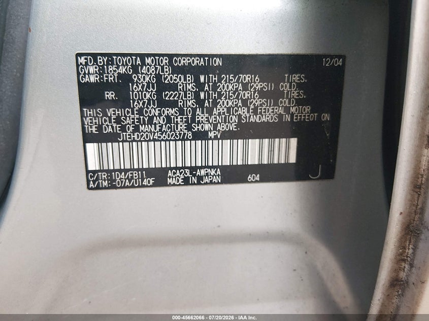 2005 Toyota Rav4 VIN JTEHD20V456023778 IAAI salvage auction — NORMAL WEAR, Clear (Virginia), sold $675 on 2026-07-29 (photo 9)