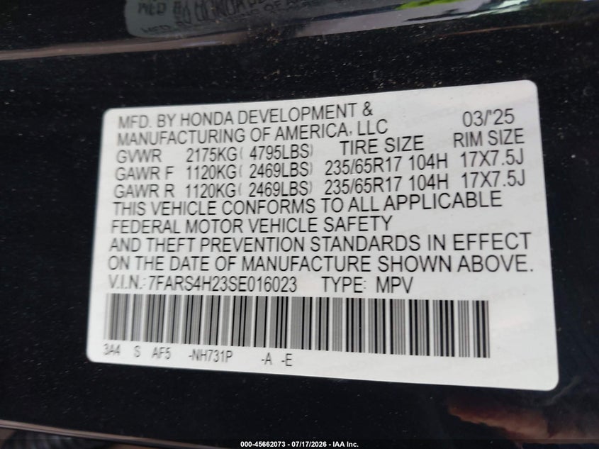 2025 Honda Cr-v VIN 7FARS4H23SE016023 IAAI salvage auction — ENGINE DAMAGE, Clear (Florida), sold $5,100 on 2026-07-30 (photo 9)