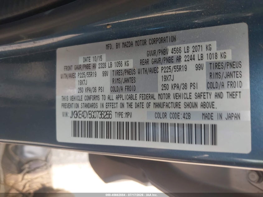 2016 Mazda Cx-5 VIN JM3KE4DY5G0736256 IAAI salvage auction — FRONT END, Salvage (Pennsylvania), sold $3,100 on 2026-07-31 (photo 9)
