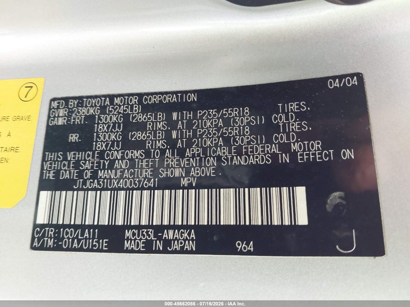 2004 Lexus Rx 330 VIN JTJGA31UX40037641 IAAI salvage auction — REAR END, Salvage (California), sold $25 on 2026-07-29 (photo 9)