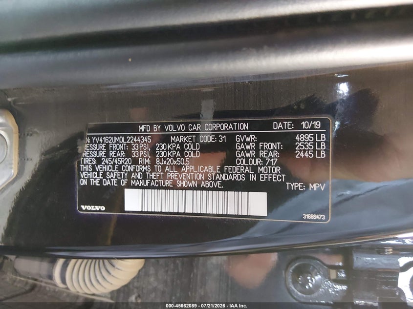 2020 Volvo Xc40 VIN YV4162UM0L2244345 IAAI salvage auction — UNKNOWN, Salvage (California), sold $4,550 on 2026-08-21 (photo 9)