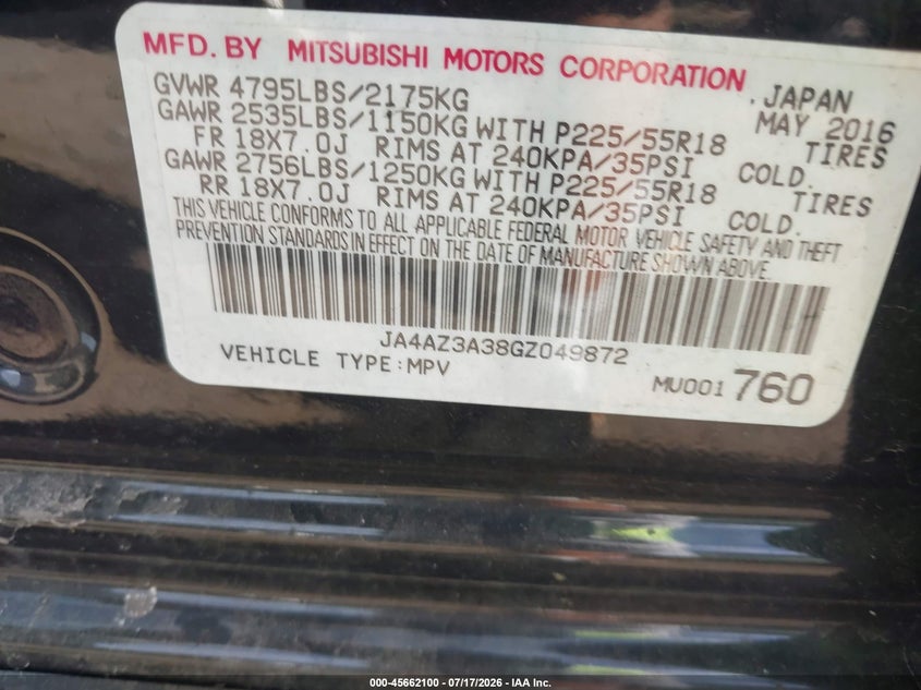 2016 Mitsubishi Outlander VIN JA4AZ3A38GZ049872 IAAI salvage auction — FRONT END, Clear (Massachusetts), sold $1,850 on 2026-08-01 (photo 9)