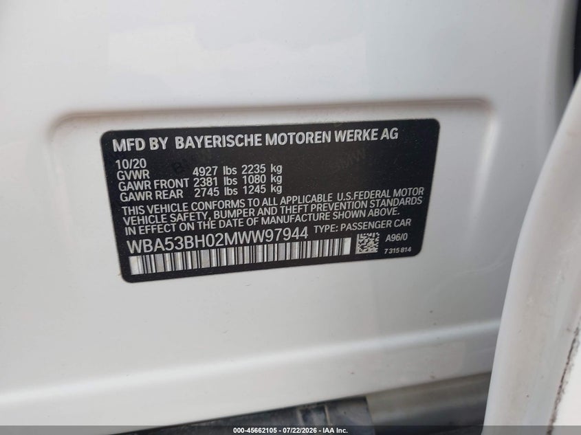 2021 BMW 5er VIN WBA53BH02MWW97944 IAAI salvage auction — LEFT FRONT, Salvage Title, sold $11,400 on 2026-08-19 (photo 9)