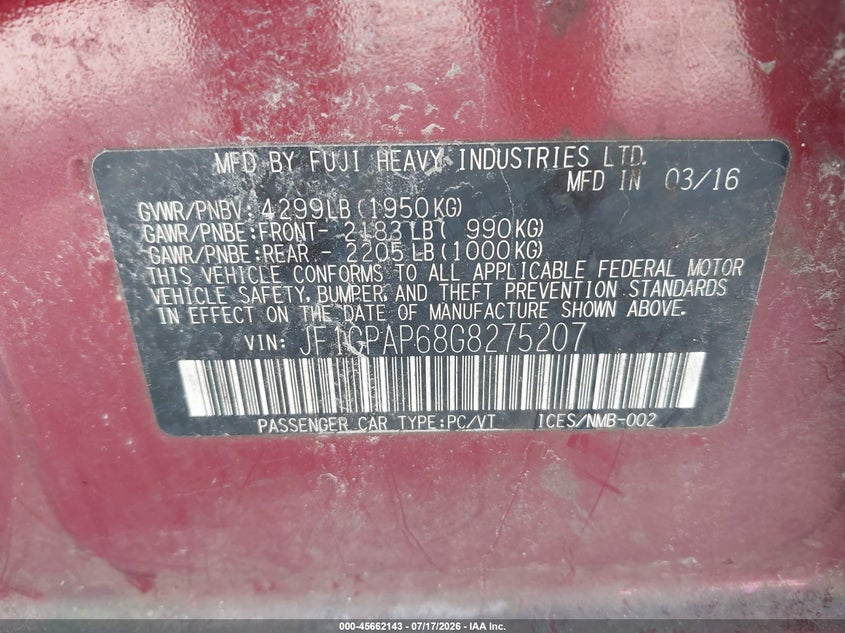 2016 Subaru Impreza VIN JF1GPAP68G8275207 IAAI salvage auction — NORMAL WEAR, Clear (Alabama), sold $25 on 2026-07-29 (photo 9)