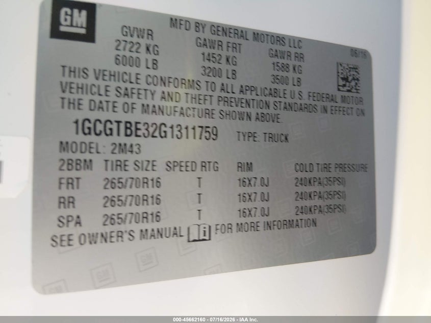 2016 Chevrolet Colorado VIN 1GCGTBE32G1311759 IAAI salvage auction — NORMAL WEAR, Sf97 (Nevada), sold $16,150 on 2026-07-30 (photo 9)