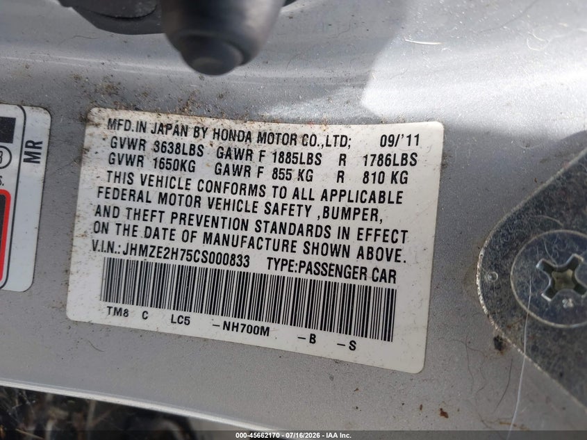 2012 Honda Insight VIN JHMZE2H75CS000833 IAAI salvage auction — NORMAL WEAR, Original (Ohio), sold $175 on 2026-07-28 (photo 9)