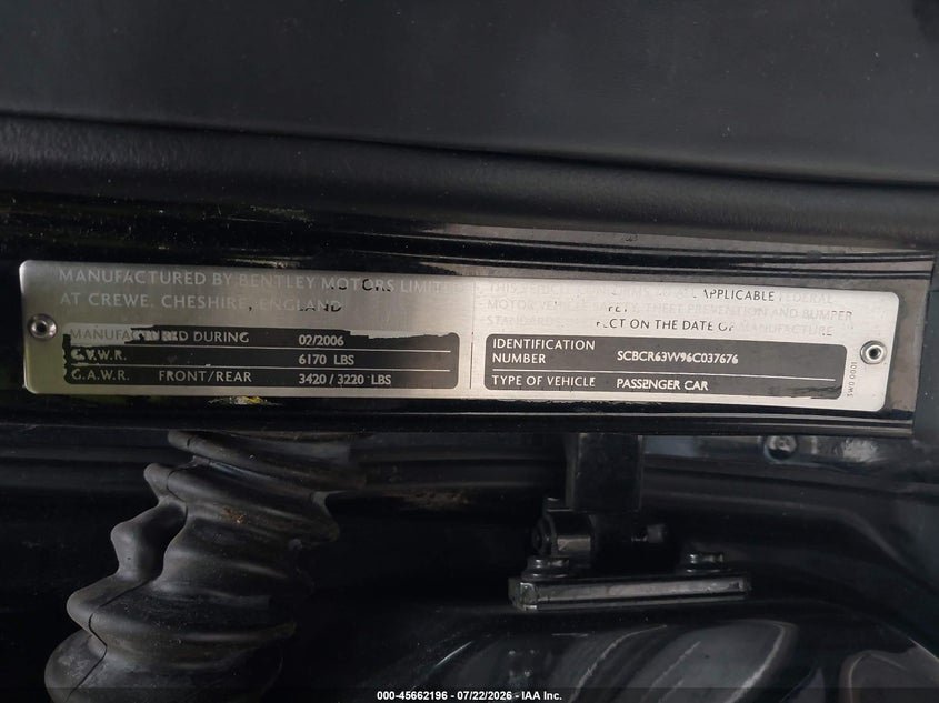 2006 Bentley Continental gt VIN SCBCR63W96C037676 IAAI salvage auction — FRONT END, Salvage (New Jersey), sold $4,550 on 2026-08-30 (photo 9)