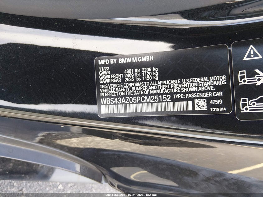 2023 BMW M4 VIN WBS43AZ05PCM25152 IAAI salvage auction — UNDERCARRIAGE, Salvage Title, sold $37,975 on 2026-09-08 (photo 9)