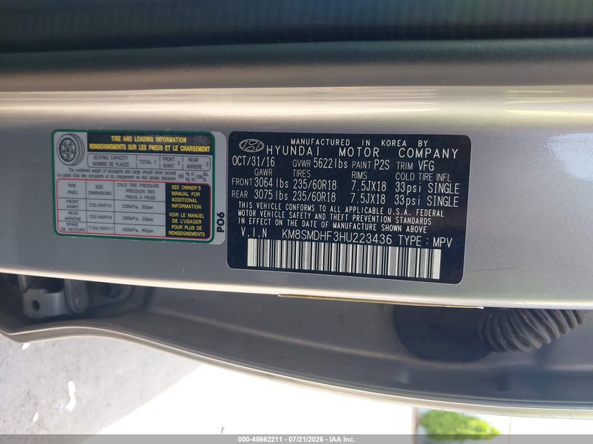 2017 Hyundai Santa fe VIN KM8SMDHF3HU223436 IAAI salvage auction — NORMAL WEAR, Salvage Title, sold $1,000 on 2026-07-28 (photo 9)