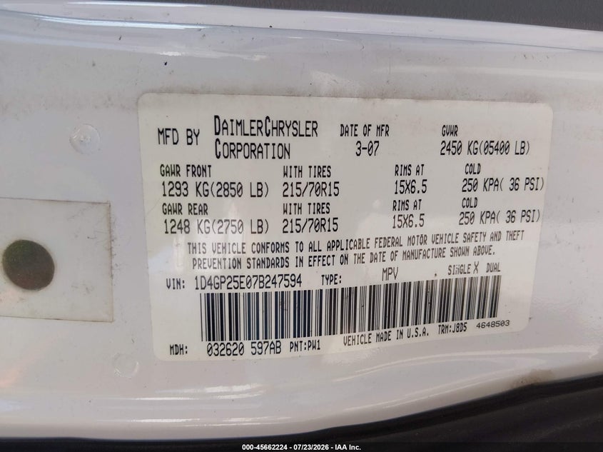 2007 Dodge Caravan VIN 1D4GP25E07B247594 IAAI salvage auction — FRONT END, Salvage (Arkansas), sold $150 on 2026-08-03 (photo 9)