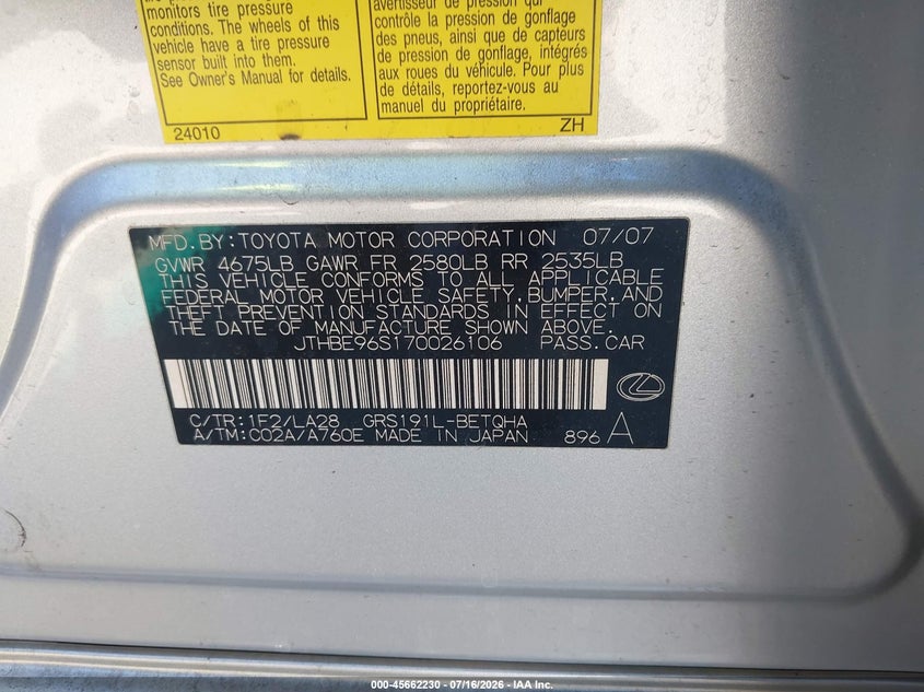 2007 Lexus Gs 350 VIN JTHBE96S170026106 IAAI salvage auction — NORMAL WEAR, Clear - Dealer Only (California), sold $275 on 2026-07-29 (photo 9)