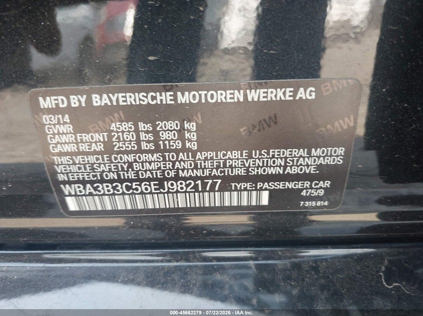 2014 BMW 3er VIN WBA3B3C56EJ982177 IAAI salvage auction — LEFT FRONT, Salvage Title, sold $1,100 on 2026-08-07 (photo 9)