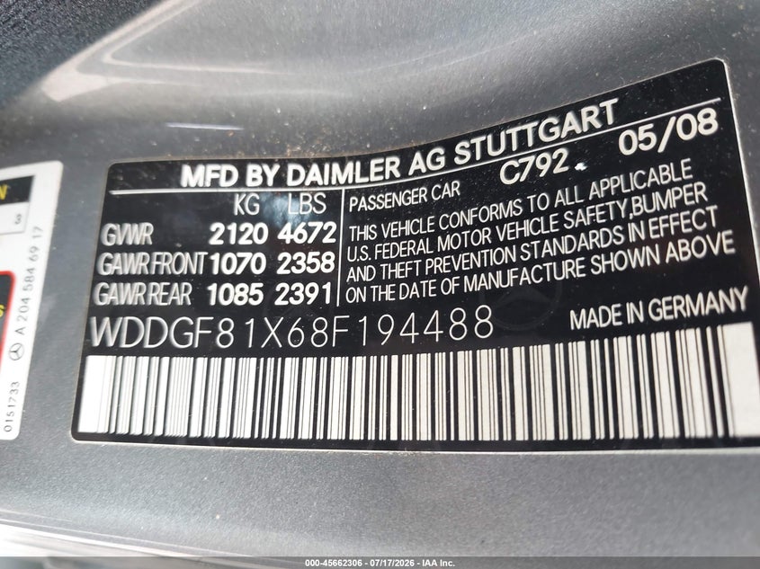 2008 Mercedes-benz C class VIN WDDGF81X68F194488 IAAI salvage auction — FRONT END, Salvage (Texas), sold $1,150 on 2026-08-03 (photo 9)