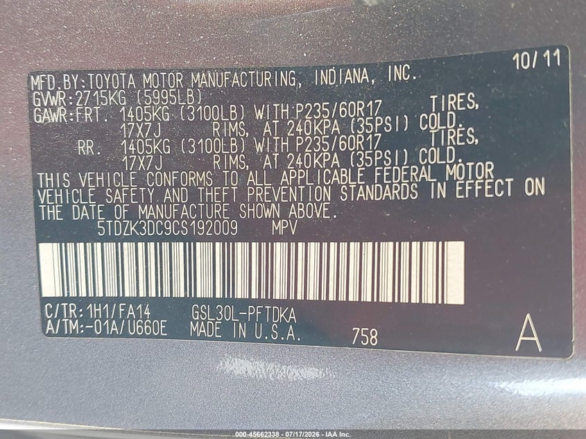 2012 Toyota Sienna VIN 5TDZK3DC9CS192009 IAAI salvage auction — RIGHT REAR, Clear (Florida), sold $800 on 2026-07-23 (photo 9)