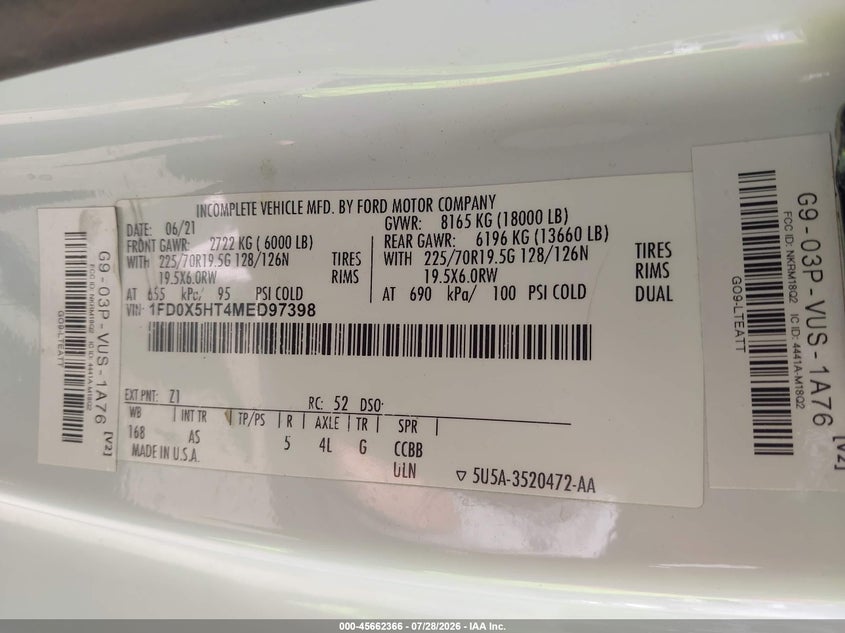 2021 Ford F550 VIN 1FD0X5HT4MED97398 IAAI salvage auction — NORMAL WEAR, Wait Title, sold $10,100 on 2026-08-25 (photo 9)