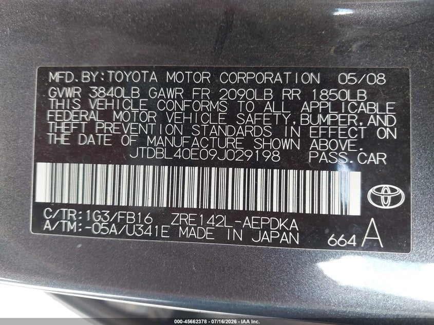 2009 Toyota Corolla VIN JTDBL40E09J029198 IAAI salvage auction — NORMAL WEAR, Clear (Colorado), sold $750 on 2026-07-30 (photo 9)
