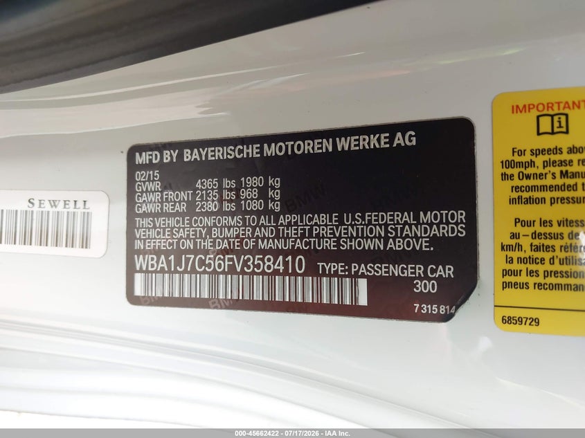 2015 BMW 2er VIN WBA1J7C56FV358410 IAAI salvage auction — NORMAL WEAR, Original (Texas), sold $2,150 on 2026-07-28 (photo 9)