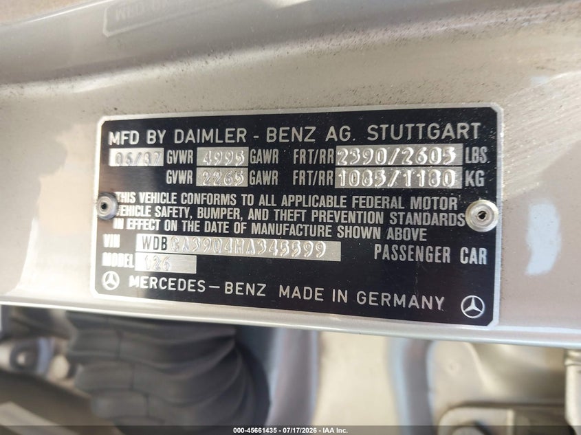 1987 Mercedes-benz 560 VIN WDBCA39D4HA345599 IAAI salvage auction — NORMAL WEAR, Clear - Dealer Only (California), sold $1,550 on 2026-07-23 (photo 9)