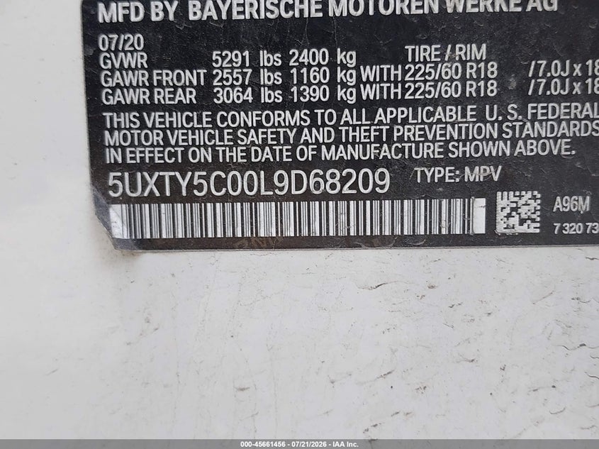 2020 BMW X3 VIN 5UXTY5C00L9D68209 IAAI salvage auction — LEFT FRONT, Salvage Title, sold $8,200 on 2026-08-02 (photo 9)