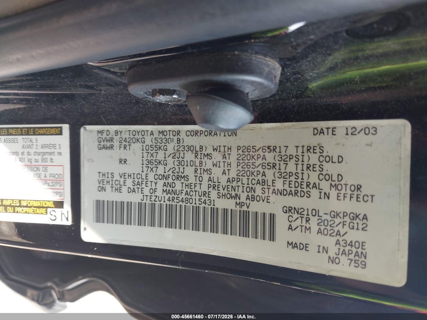 2004 Toyota 4runner VIN JTEZU14R548015431 IAAI salvage auction — NORMAL WEAR, Clear (North Carolina), sold $2,000 on 2026-07-30 (photo 9)