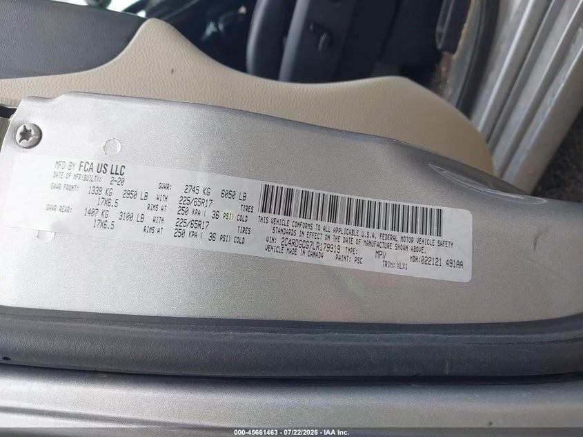 2020 Dodge Caravan VIN 2C4RDGCG7LR179919 IAAI salvage auction — WATER/FLOOD, Salvage (Mississippi), sold $225 on 2026-08-16 (photo 9)