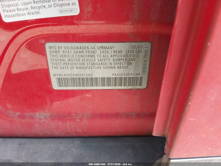2008 Volkswagen Passat VIN WVWLK93CX8E041266 IAAI salvage auction — NORMAL WEAR, Clear (Colorado), sold $300 on 2026-08-05 (photo 9)