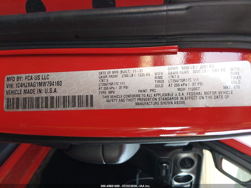 2021 Jeep Wrangler / VIN 1C4HJXAG1MW794160 IAAI salvage auction — RIGHT REAR, Salvage Title, sold $11,500 on 2026-08-01 (photo 9)
