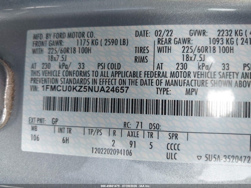 2022 Ford Escape VIN 1FMCU0KZ5NUA24657 IAAI salvage auction — LEFT FRONT, Salvage Title, sold $6,400 on 2026-08-06 (photo 9)