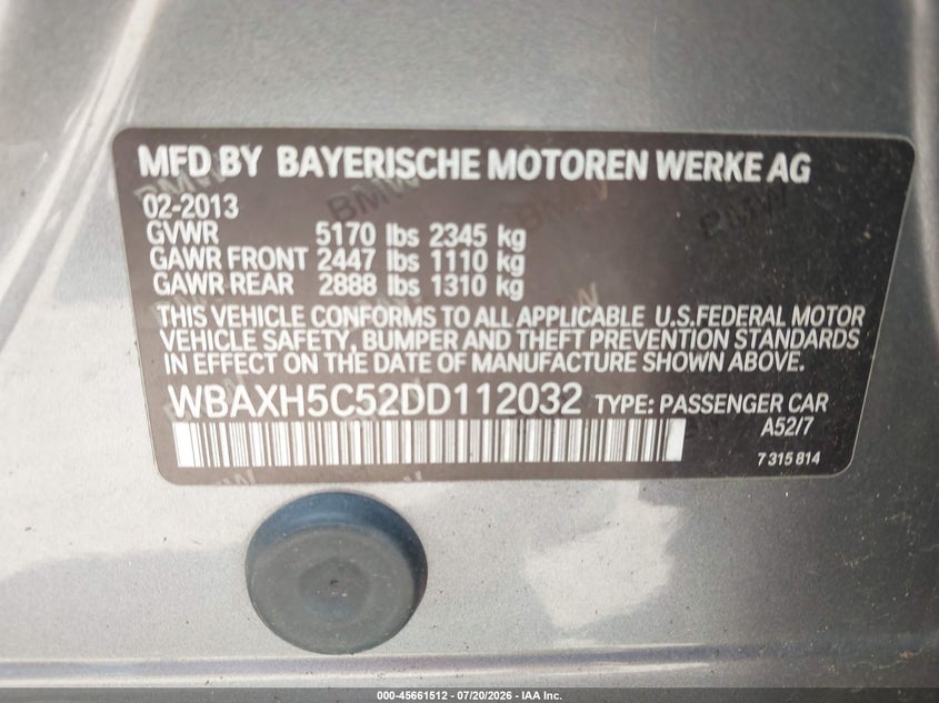 2013 BMW 5er VIN WBAXH5C52DD112032 IAAI salvage auction — ROOF, Salvage (Ohio), sold $800 on 2026-08-04 (photo 9)