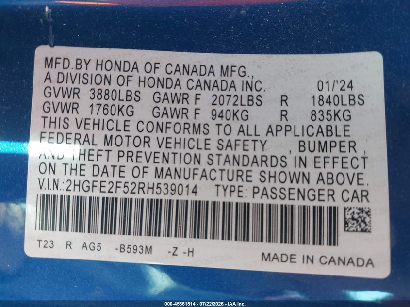 2024 Honda Civic VIN 2HGFE2F52RH539014 IAAI salvage auction — REAR END, Salvage Title, sold $10,100 on 2026-08-22 (photo 9)