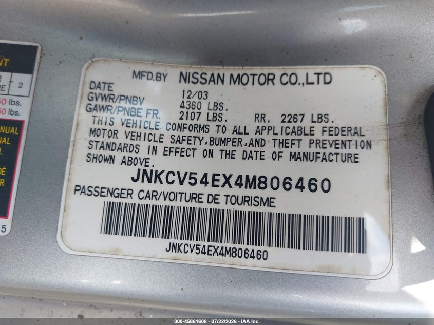 2004 Infiniti G35 VIN JNKCV54EX4M806460 IAAI salvage auction — NORMAL WEAR, Clear (Pennsylvania), sold $225 on 2026-07-28 (photo 9)