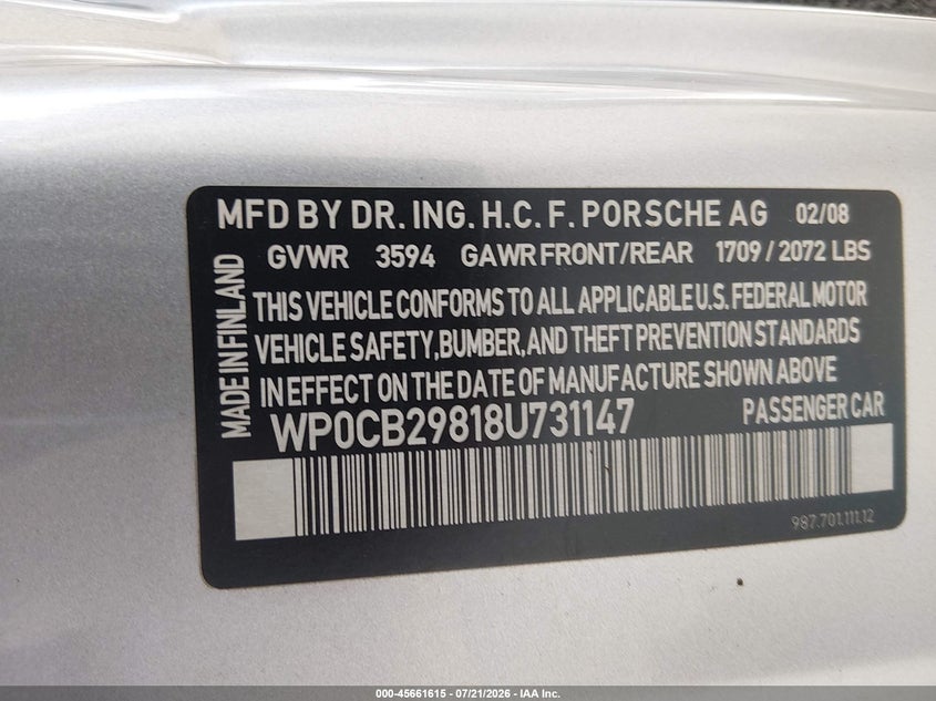 2008 Porsche Boxster VIN WP0CB29818U731147 IAAI salvage auction — UNKNOWN, Salvage (California), sold $5,175 on 2026-08-17 (photo 9)