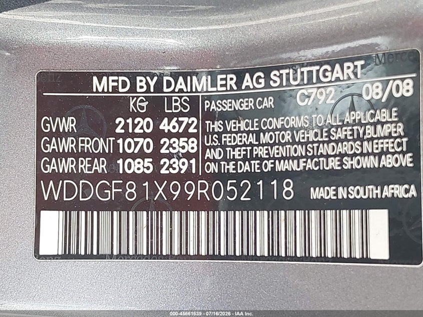 2009 Mercedes-benz C class VIN WDDGF81X99R052118 IAAI salvage auction — ELECTRICAL, Salvage (Florida), sold $425 on 2026-08-06 (photo 9)